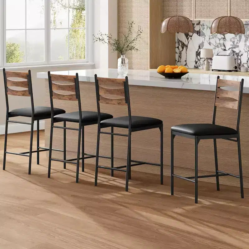 GustoWave Thick Cushioned Bar Stools Set of 2 - Faux Leather Stools with Wood Backrest