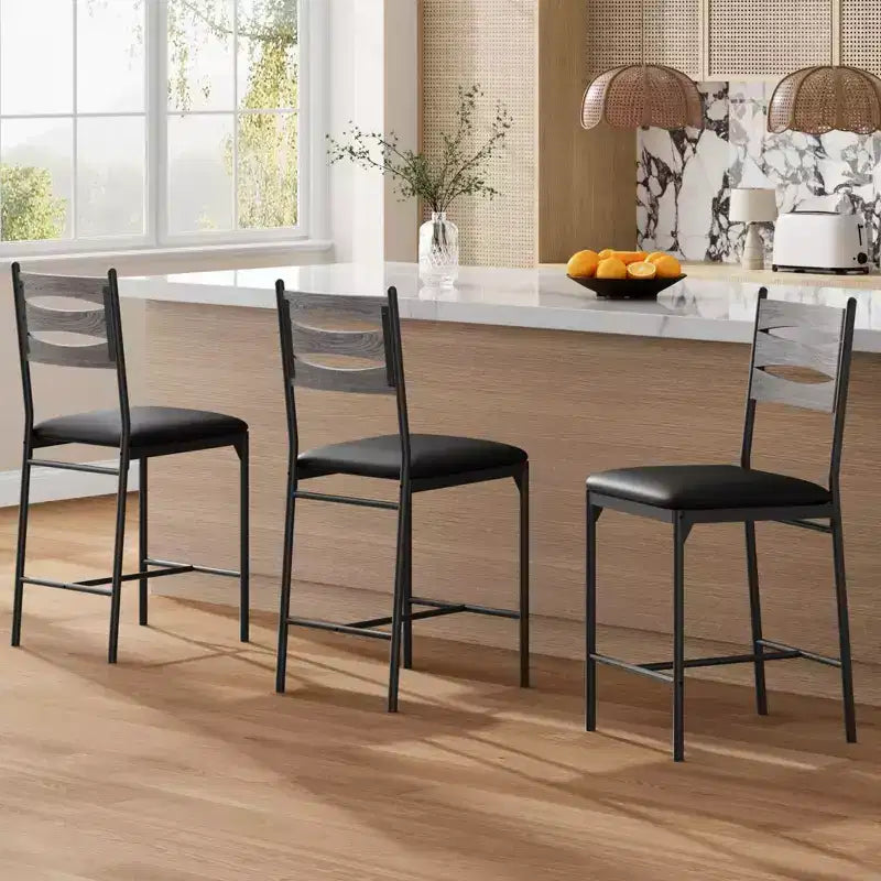 GustoWave Thick Cushioned Bar Stools Set of 2 - Faux Leather Stools with Wood Backrest