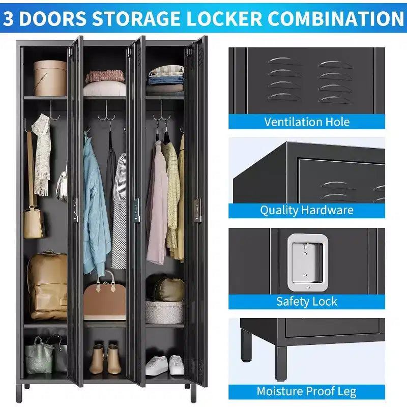 Metal Lockers for Employee, Storage Locker Cabinet with 3 Door Combination, Steel Locker Cabinet for Home, Office, School, Gym, Assembly Required