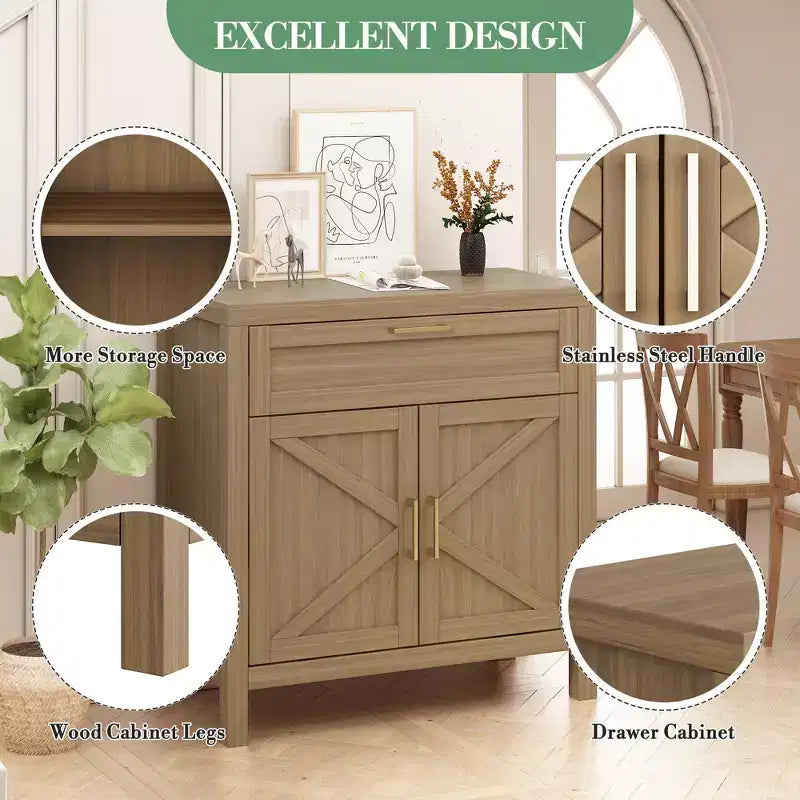 1 Drawer and 2 Doors,Storage Cabinet, Modern Sideboard Buffet Cabinet with Adjustable Shelf,