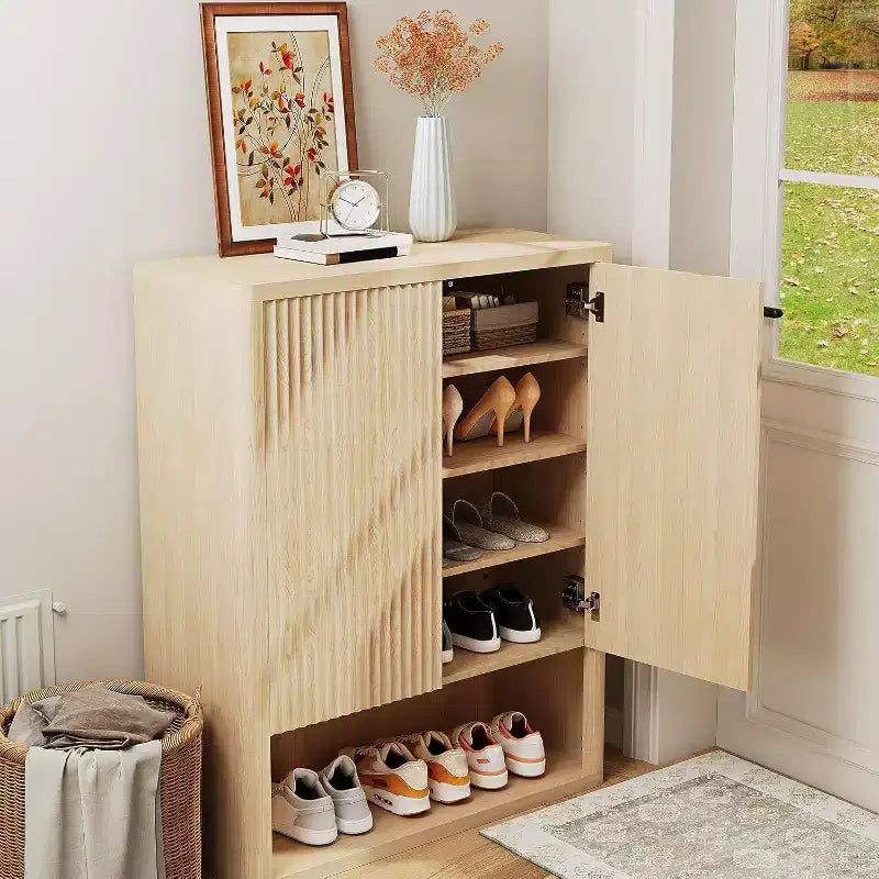 Shoe Storage Cabinet for Entryway, Slim Wooden Shoe Organizer with Fluted Doors & Adjustable Shelves, Narrow Shoe Rack for Hallway, Porch, Oak