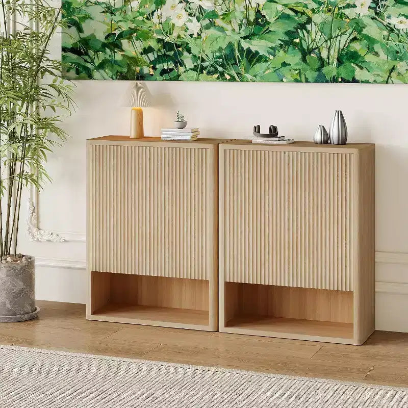 Shoe Storage Cabinet for Entryway, Slim Wooden Shoe Organizer with Fluted Doors & Adjustable Shelves, Narrow Shoe Rack for Hallway, Porch, Oak