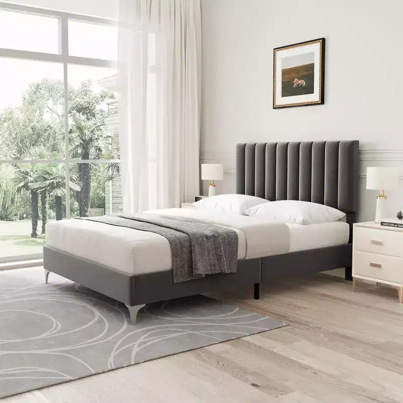 Platform Bed Frame with Adjustable Upholstered Headboard, Heavy Duty Support, Noise Free Wooden Slats, No Box Spring Needed, Easy Assembly, Grey