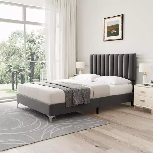 Platform Bed Frame with Adjustable Upholstered Headboard, Heavy Duty Support, Noise Free Wooden Slats, No Box Spring Needed, Easy Assembly, Grey