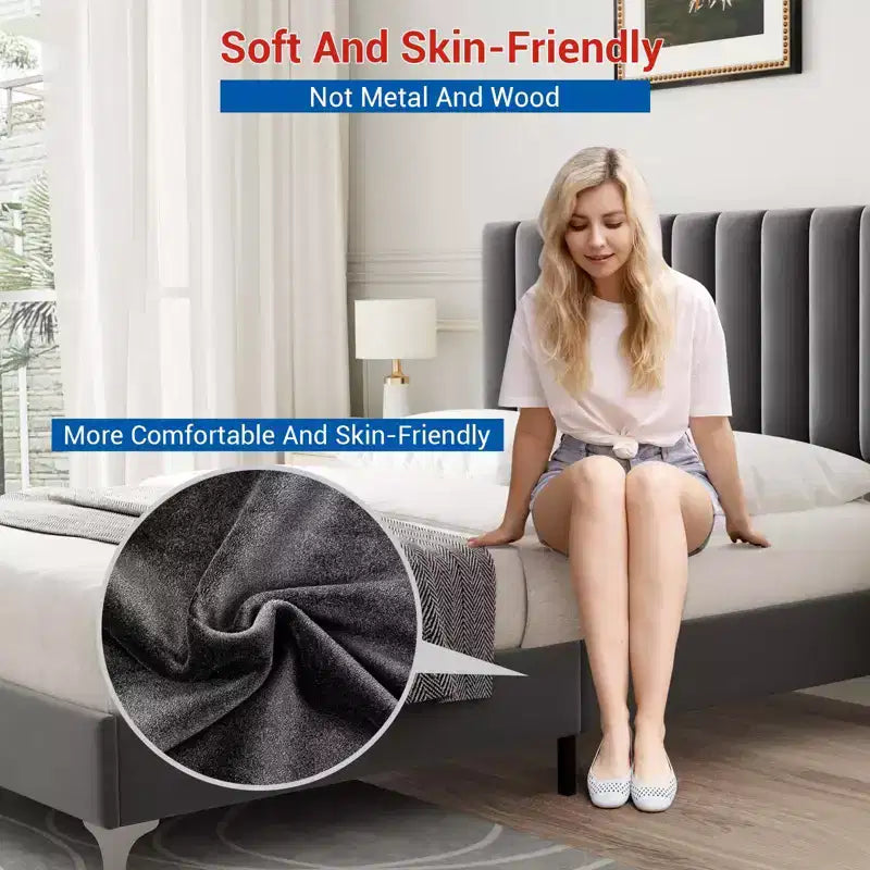 Platform Bed Frame with Adjustable Upholstered Headboard, Heavy Duty Support, Noise Free Wooden Slats, No Box Spring Needed, Easy Assembly, Grey