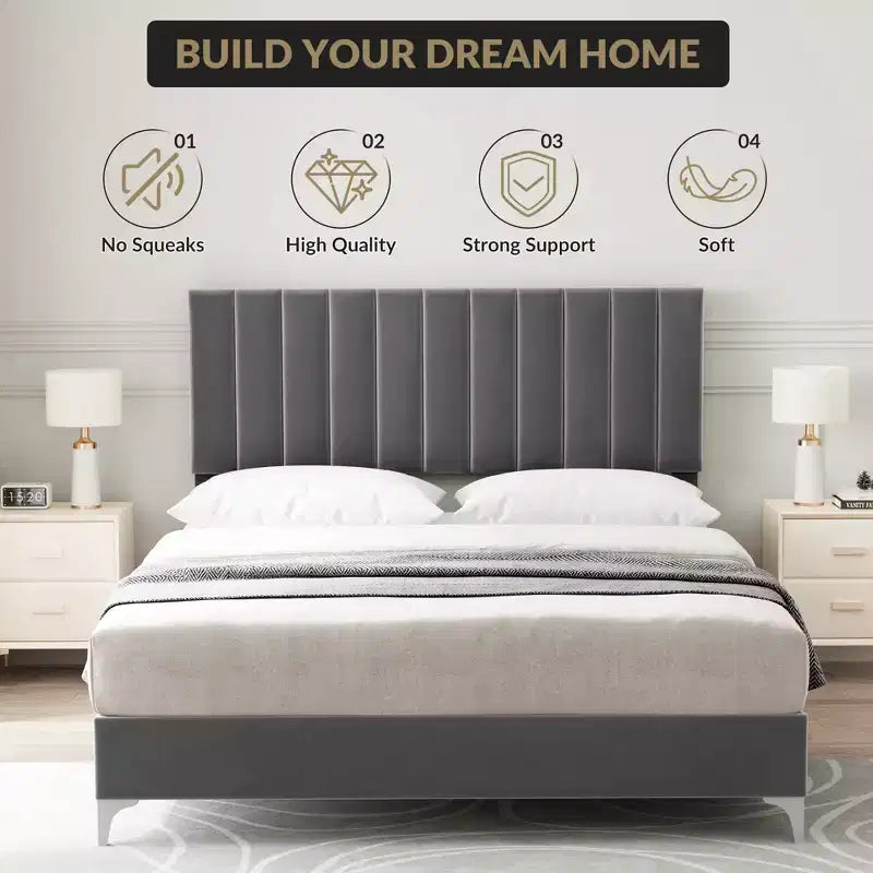 Platform Bed Frame with Adjustable Upholstered Headboard, Heavy Duty Support, Noise Free Wooden Slats, No Box Spring Needed, Easy Assembly, Grey