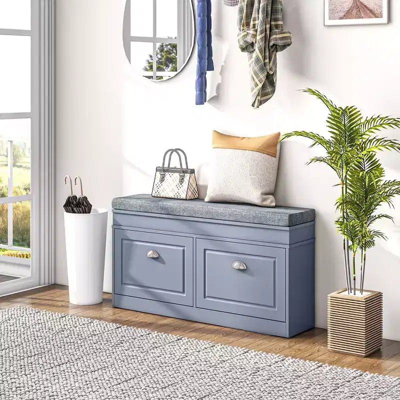 Modern Shoe Storage Bench, Entry Way Bench with Cushion, 2 Drawers, Storage Ottoman Bench, Holds 8 Pairs