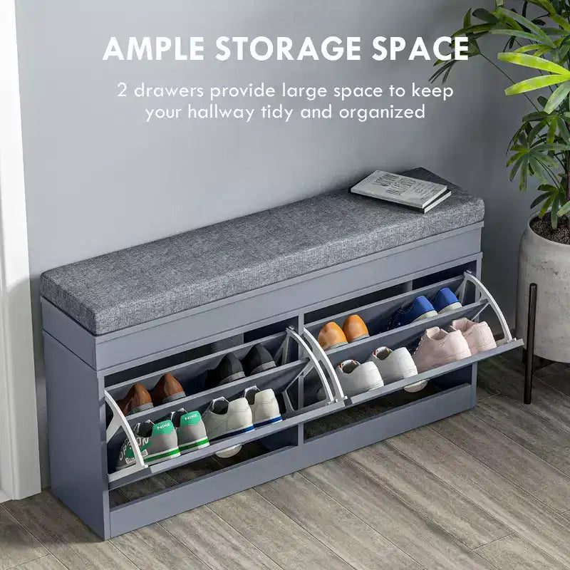 Modern Shoe Storage Bench, Entry Way Bench with Cushion, 2 Drawers, Storage Ottoman Bench, Holds 8 Pairs