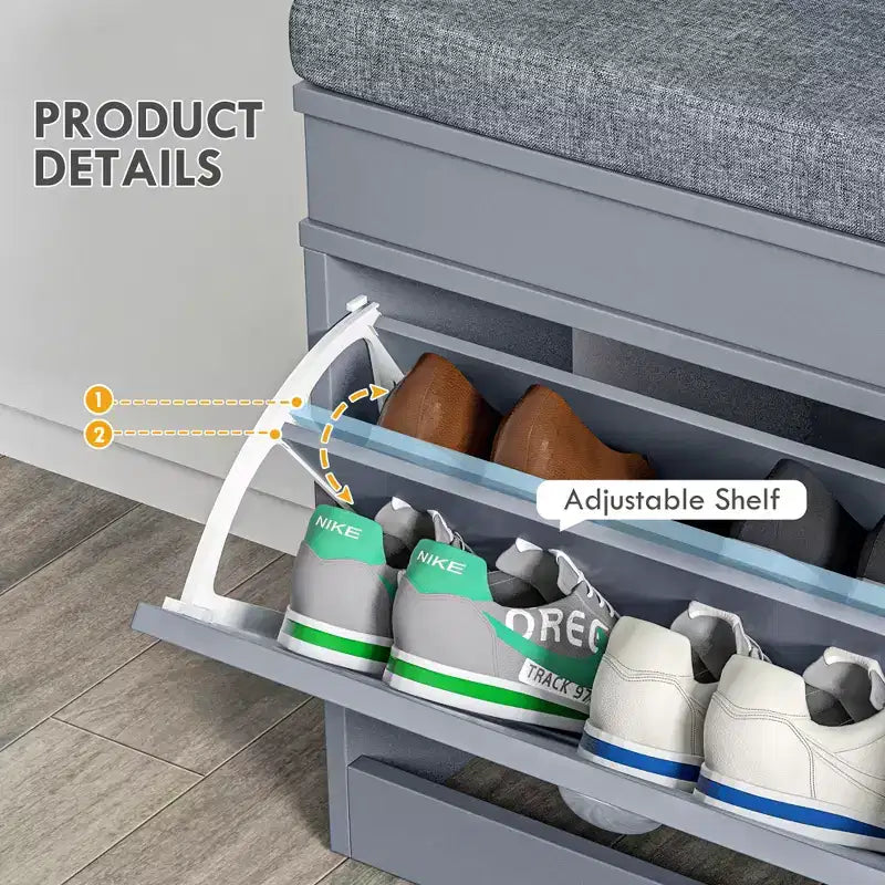 Modern Shoe Storage Bench, Entry Way Bench with Cushion, 2 Drawers, Storage Ottoman Bench, Holds 8 Pairs