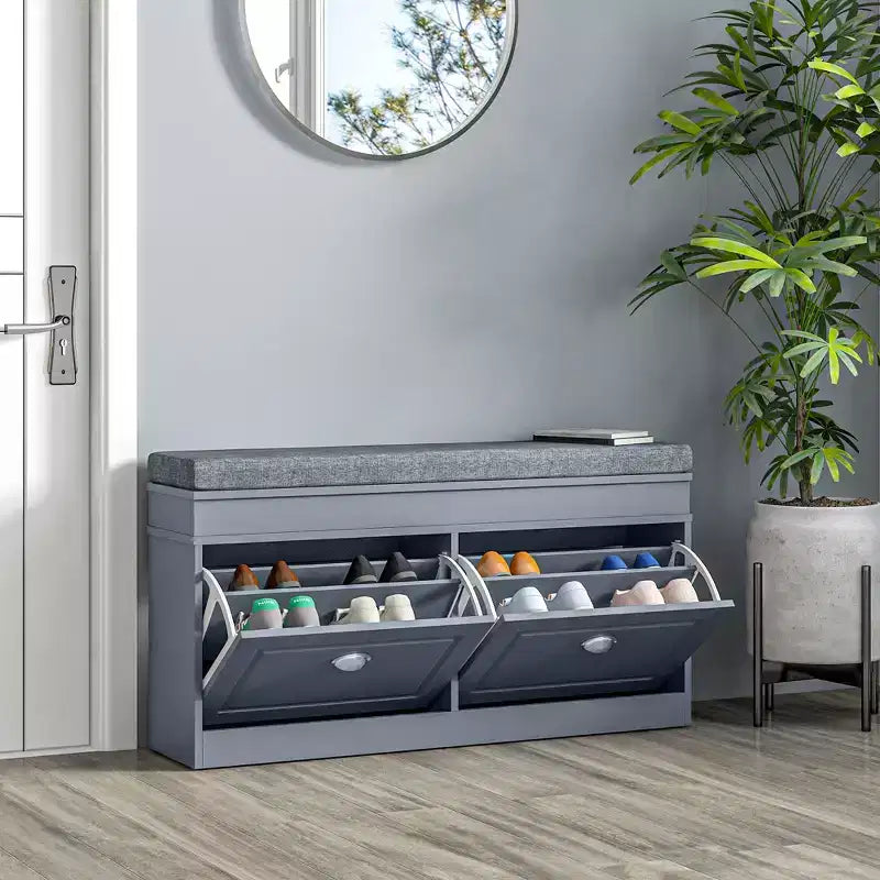 Modern Shoe Storage Bench, Entry Way Bench with Cushion, 2 Drawers, Storage Ottoman Bench, Holds 8 Pairs