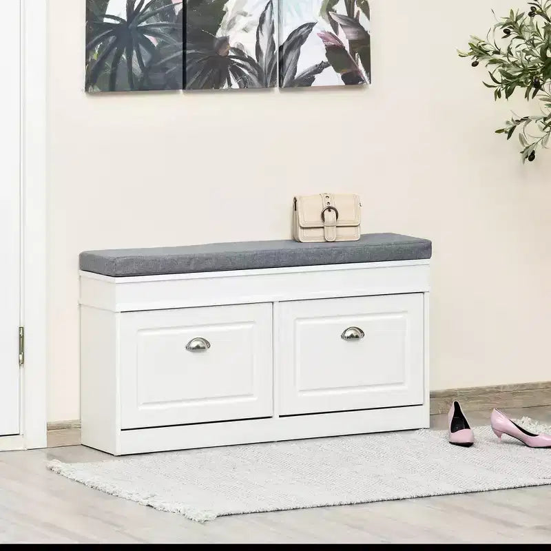 Modern Shoe Storage Bench, Entry Way Bench with Cushion, 2 Drawers, Storage Ottoman Bench, Holds 8 Pairs