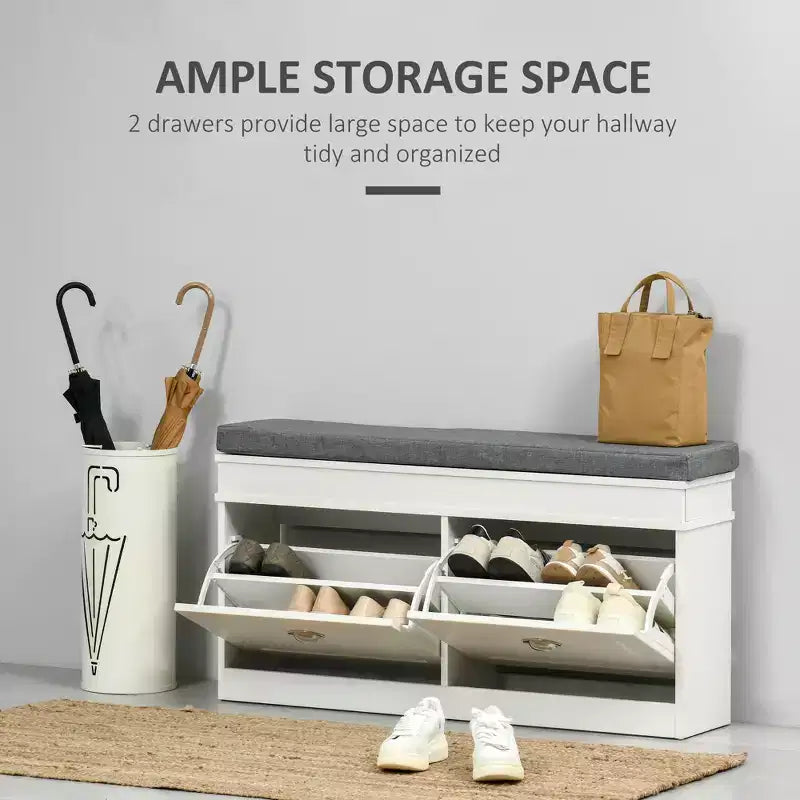 Modern Shoe Storage Bench, Entry Way Bench with Cushion, 2 Drawers, Storage Ottoman Bench, Holds 8 Pairs