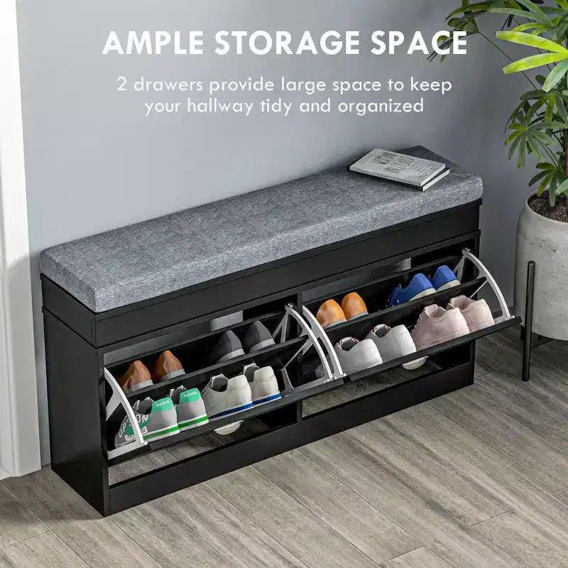 Modern Shoe Storage Bench, Entry Way Bench with Cushion, 2 Drawers, Storage Ottoman Bench, Holds 8 Pairs
