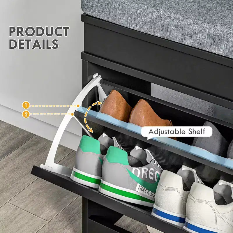 Modern Shoe Storage Bench, Entry Way Bench with Cushion, 2 Drawers, Storage Ottoman Bench, Holds 8 Pairs