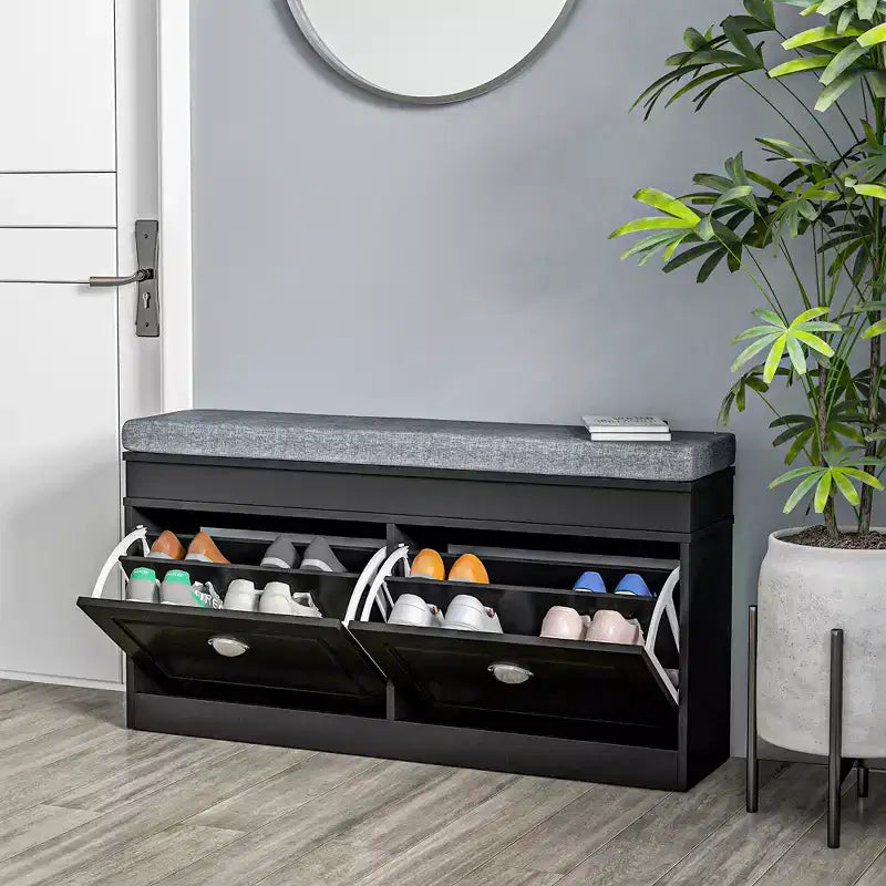 Modern Shoe Storage Bench, Entry Way Bench with Cushion, 2 Drawers, Storage Ottoman Bench, Holds 8 Pairs