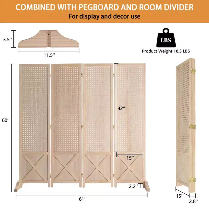 VINGLI 4 Panel Freestanding Pegboard with Feet, 5 FT Wood Room Divider Display Board, Partition Space Separator for Craft Shows Retail (Natural)