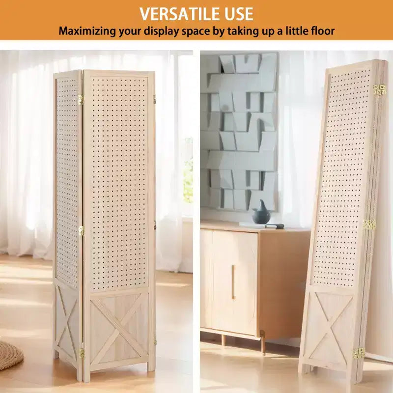VINGLI 4 Panel Freestanding Pegboard with Feet, 5 FT Wood Room Divider Display Board, Partition Space Separator for Craft Shows Retail (Natural)