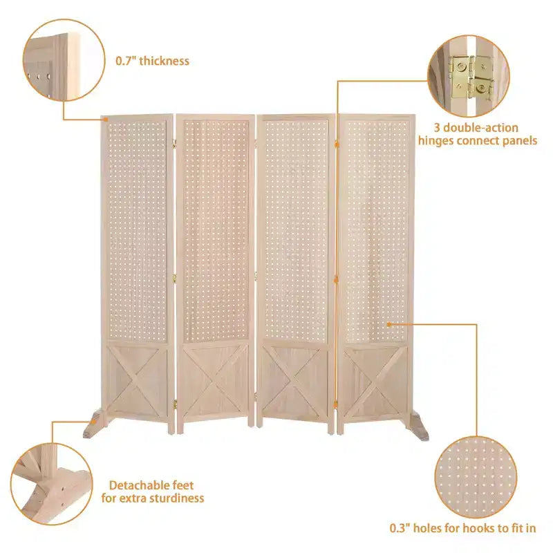 VINGLI 4 Panel Freestanding Pegboard with Feet, 5 FT Wood Room Divider Display Board, Partition Space Separator for Craft Shows Retail (Natural)