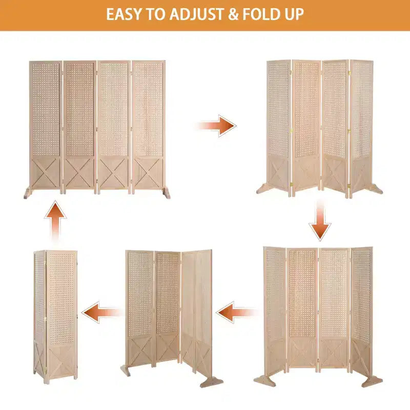 VINGLI 4 Panel Freestanding Pegboard with Feet, 5 FT Wood Room Divider Display Board, Partition Space Separator for Craft Shows Retail (Natural)