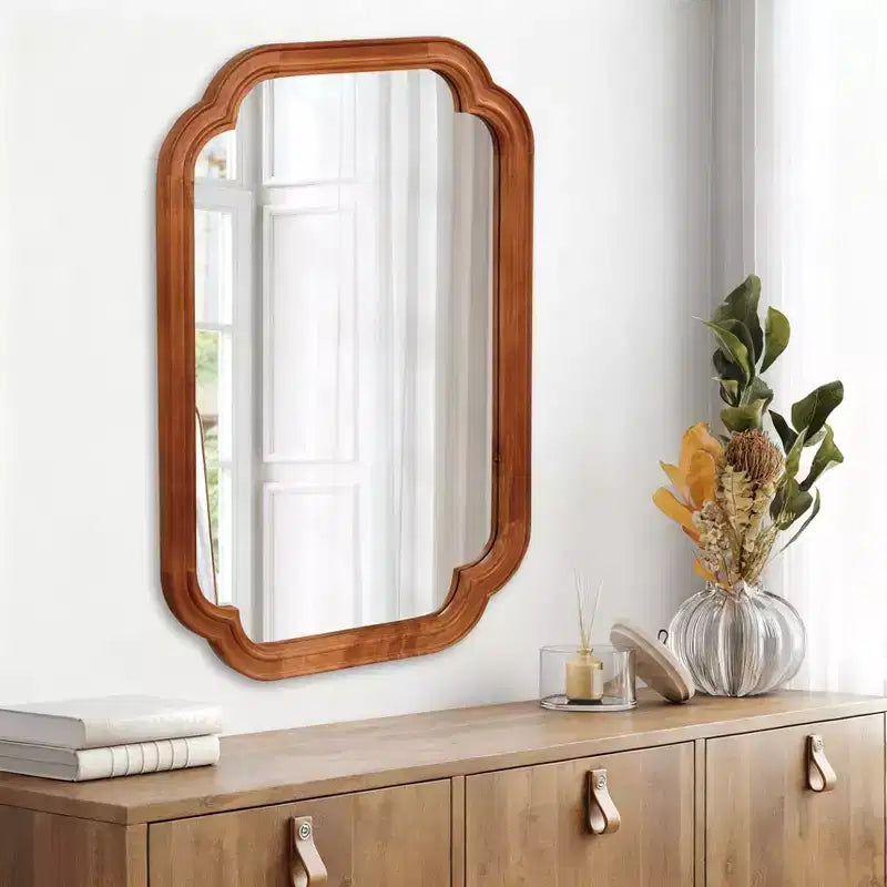 PexFix 24 x 36 Rounded Corner Solid Wood Frame Decorative Mirror Modern Farmhouse Wall Mirror For Bedroom Bathroom Living Room Entryway Brown