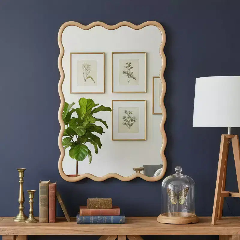 PexFix 24 x 36 Wavy Rectangle Solid Wood Frame Decorative Mirror Modern Farmhouse Wall Mirror For Bedroom Bathroom Living Room Entryway Natural Wood
