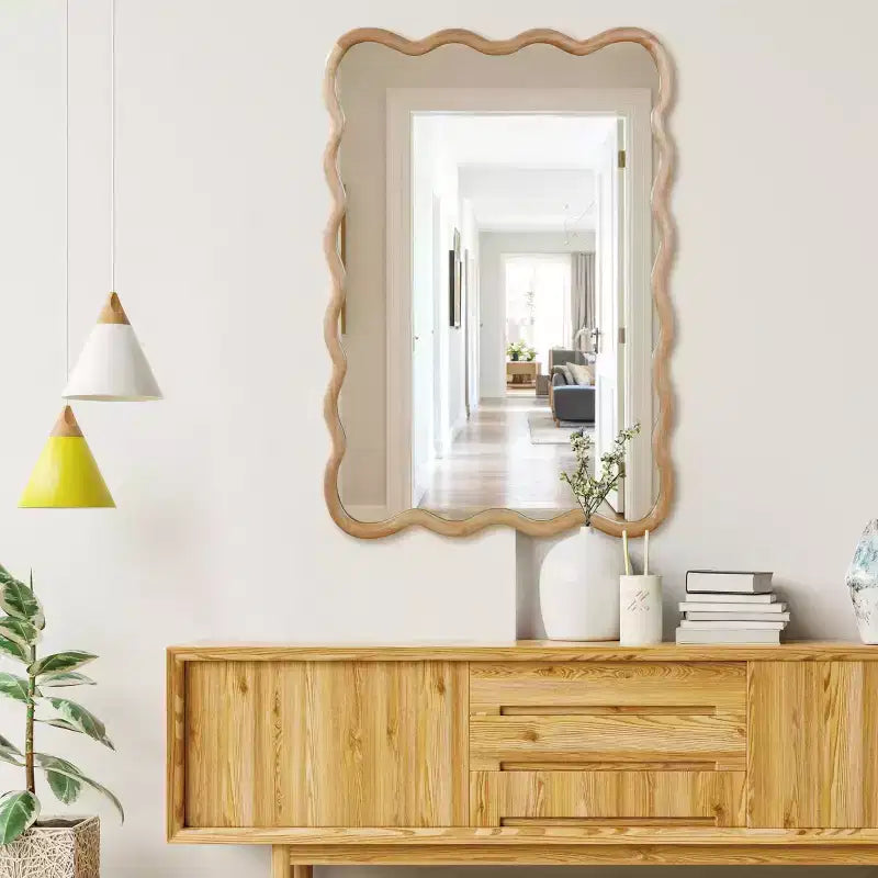 PexFix 24 x 36 Wavy Rectangle Solid Wood Frame Decorative Mirror Modern Farmhouse Wall Mirror For Bedroom Bathroom Living Room Entryway Natural Wood