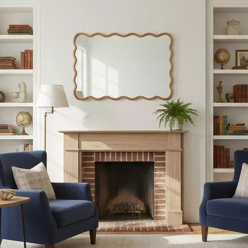 PexFix 24 x 36 Wavy Rectangle Solid Wood Frame Decorative Mirror Modern Farmhouse Wall Mirror For Bedroom Bathroom Living Room Entryway Natural Wood