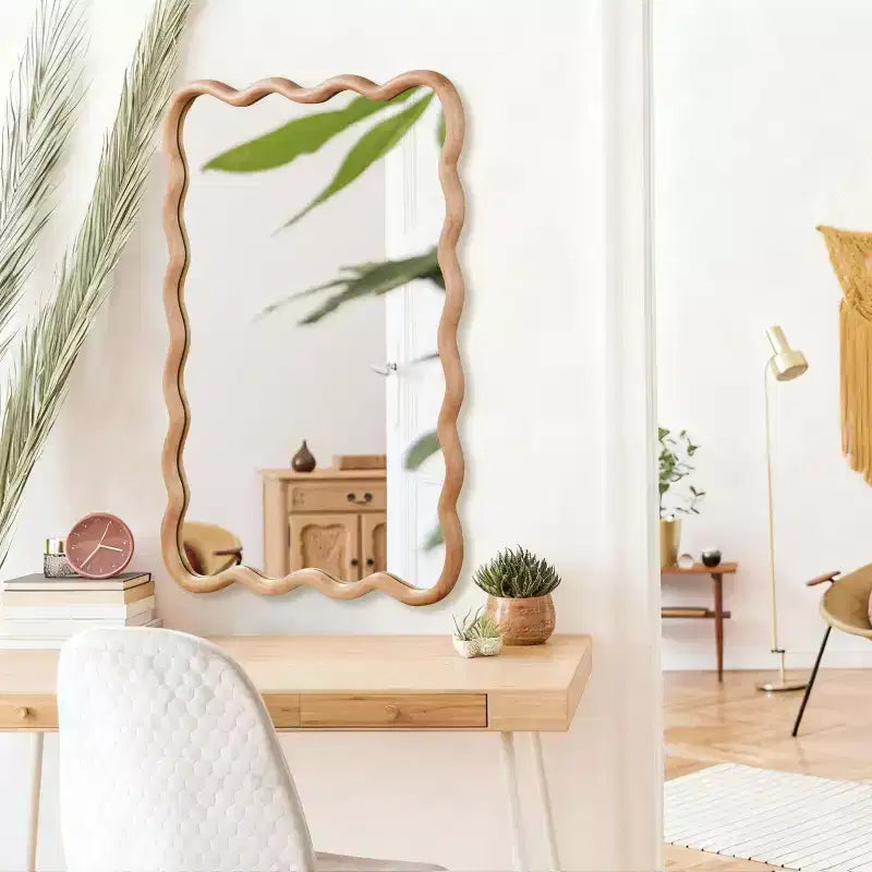 PexFix 24 x 36 Wavy Rectangle Solid Wood Frame Decorative Mirror Modern Farmhouse Wall Mirror For Bedroom Bathroom Living Room Entryway Natural Wood