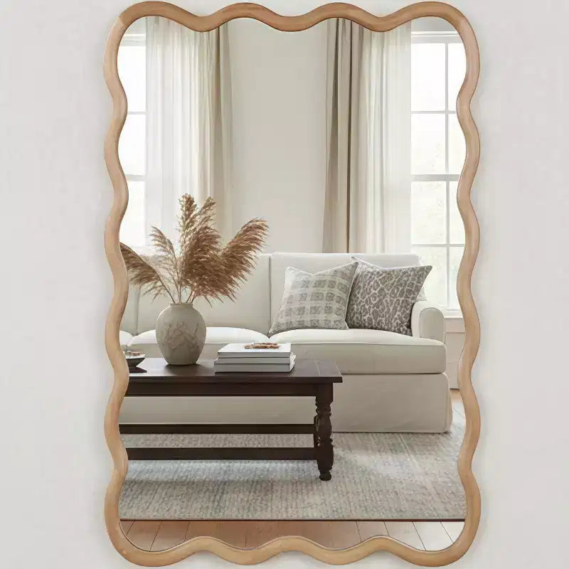 PexFix 24 x 36 Wavy Rectangle Solid Wood Frame Decorative Mirror Modern Farmhouse Wall Mirror For Bedroom Bathroom Living Room Entryway Natural Wood