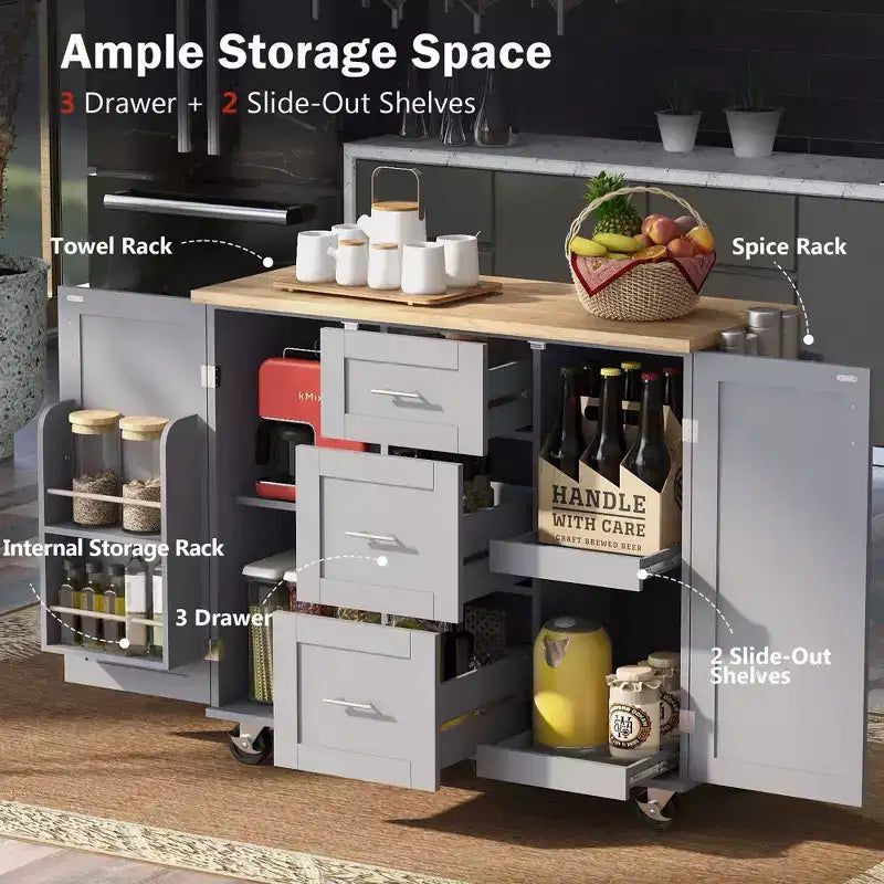 Okak Kitchen Island with Rubber Wood Top, Rolling Kitchen Island with 2 Slide-Out Shelf and Internal Storage Rack, Kitchen Cart with Spice Rack