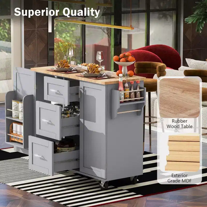 Okak Kitchen Island with Rubber Wood Top, Rolling Kitchen Island with 2 Slide-Out Shelf and Internal Storage Rack, Kitchen Cart with Spice Rack
