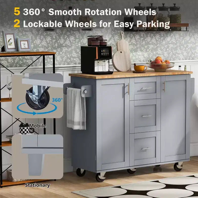 Okak Kitchen Island with Rubber Wood Top, Rolling Kitchen Island with 2 Slide-Out Shelf and Internal Storage Rack, Kitchen Cart with Spice Rack