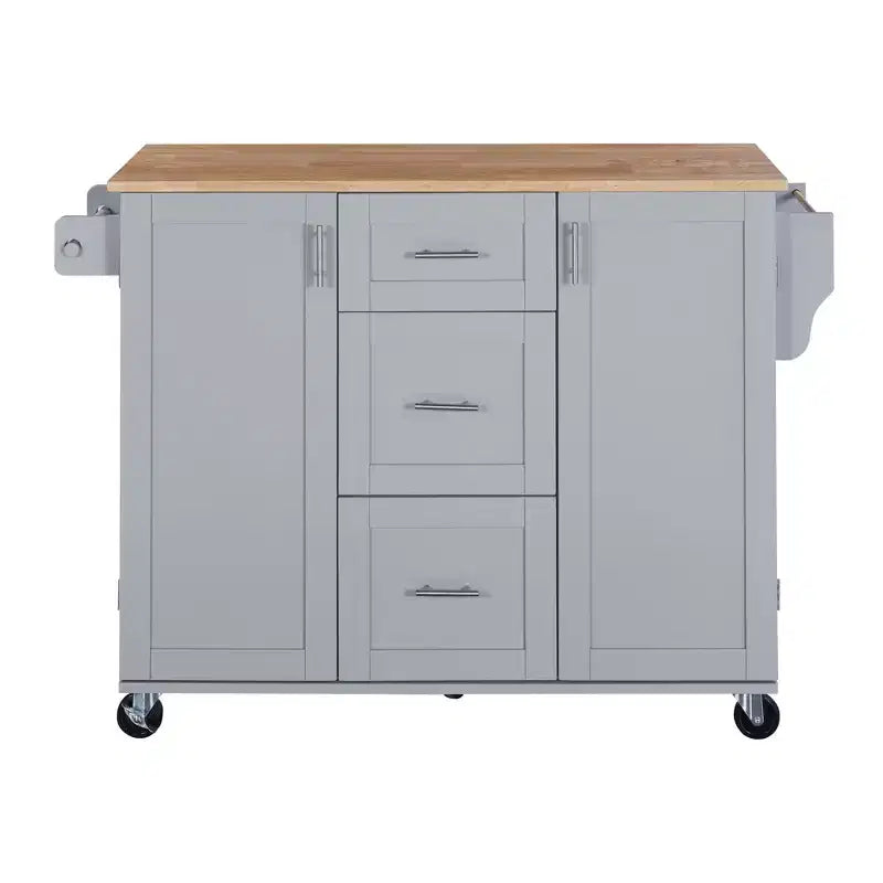 Okak Kitchen Island with Rubber Wood Top, Rolling Kitchen Island with 2 Slide-Out Shelf and Internal Storage Rack, Kitchen Cart with Spice Rack