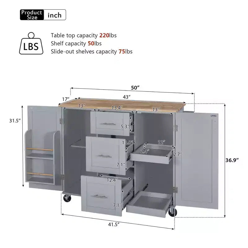 Okak Kitchen Island with Rubber Wood Top, Rolling Kitchen Island with 2 Slide-Out Shelf and Internal Storage Rack, Kitchen Cart with Spice Rack