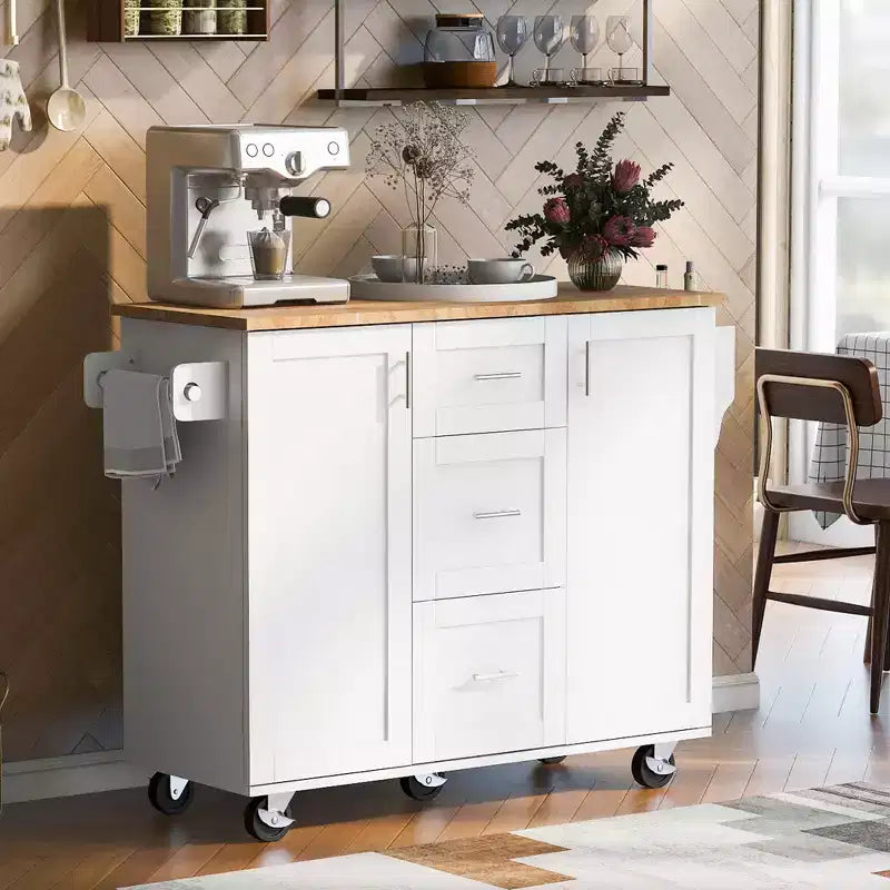 Okak Kitchen Island with Rubber Wood Top, Rolling Kitchen Island with 2 Slide-Out Shelf and Internal Storage Rack, Kitchen Cart with Spice Rack