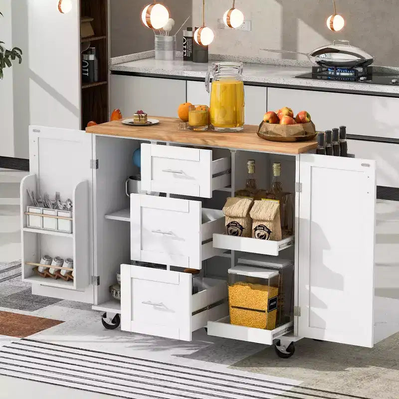 Okak Kitchen Island with Rubber Wood Top, Rolling Kitchen Island with 2 Slide-Out Shelf and Internal Storage Rack, Kitchen Cart with Spice Rack
