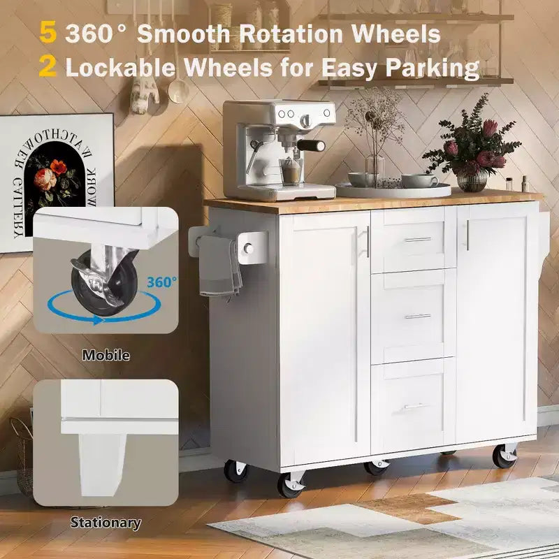 Okak Kitchen Island with Rubber Wood Top, Rolling Kitchen Island with 2 Slide-Out Shelf and Internal Storage Rack, Kitchen Cart with Spice Rack