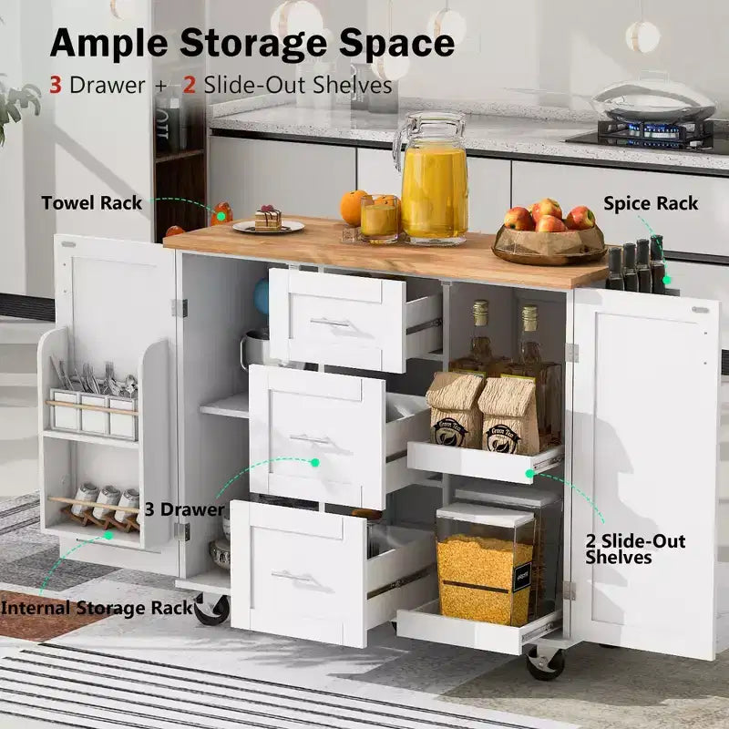 Okak Kitchen Island with Rubber Wood Top, Rolling Kitchen Island with 2 Slide-Out Shelf and Internal Storage Rack, Kitchen Cart with Spice Rack