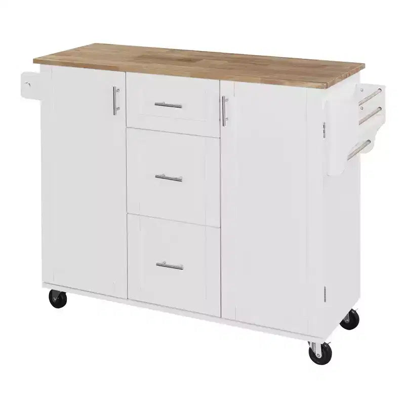 Okak Kitchen Island with Rubber Wood Top, Rolling Kitchen Island with 2 Slide-Out Shelf and Internal Storage Rack, Kitchen Cart with Spice Rack