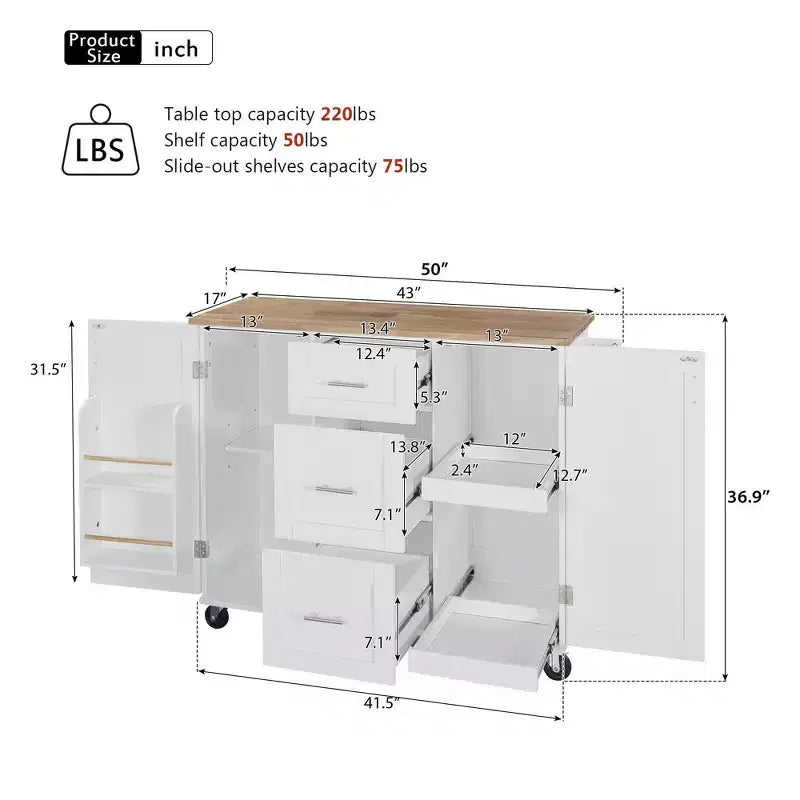 Okak Kitchen Island with Rubber Wood Top, Rolling Kitchen Island with 2 Slide-Out Shelf and Internal Storage Rack, Kitchen Cart with Spice Rack