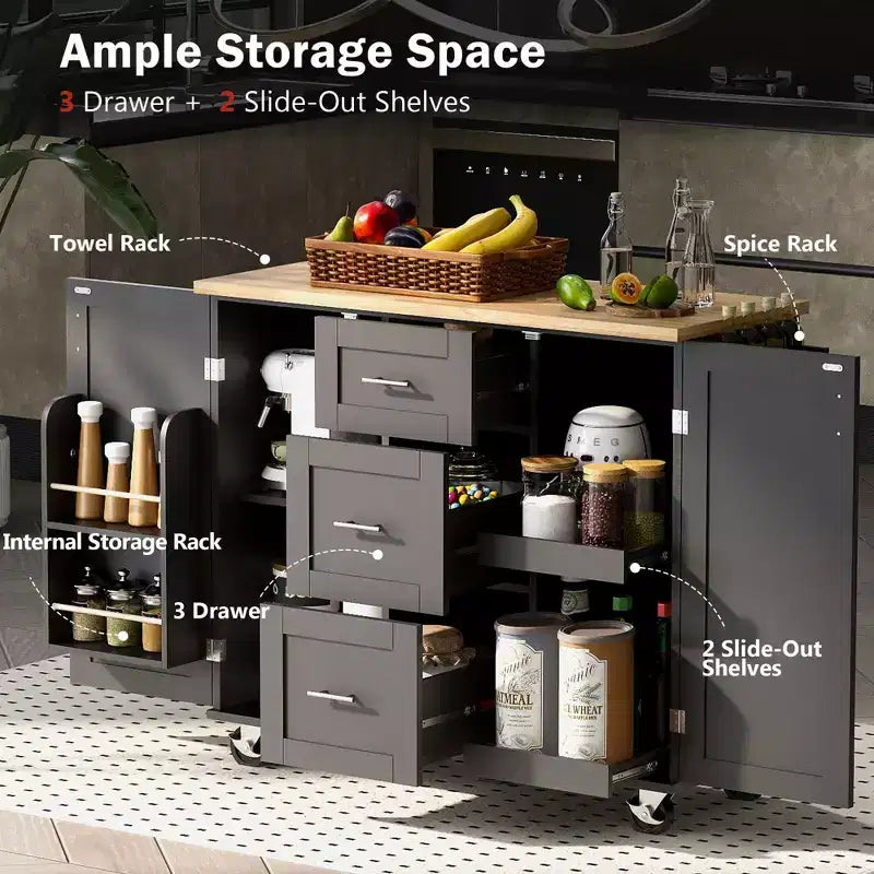 Okak Kitchen Island with Rubber Wood Top, Rolling Kitchen Island with 2 Slide-Out Shelf and Internal Storage Rack, Kitchen Cart with Spice Rack