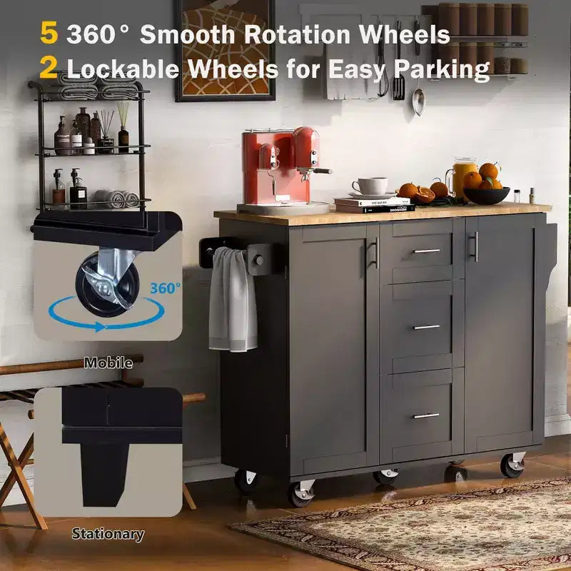 Okak Kitchen Island with Rubber Wood Top, Rolling Kitchen Island with 2 Slide-Out Shelf and Internal Storage Rack, Kitchen Cart with Spice Rack