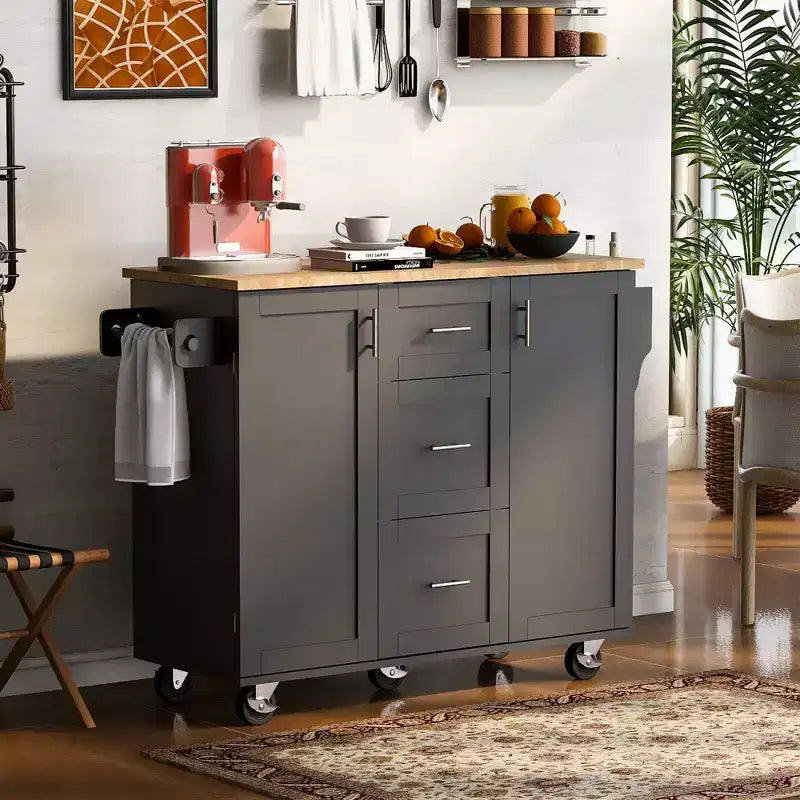 Okak Kitchen Island with Rubber Wood Top, Rolling Kitchen Island with 2 Slide-Out Shelf and Internal Storage Rack, Kitchen Cart with Spice Rack