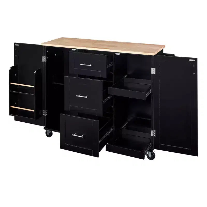 Okak Kitchen Island with Rubber Wood Top, Rolling Kitchen Island with 2 Slide-Out Shelf and Internal Storage Rack, Kitchen Cart with Spice Rack