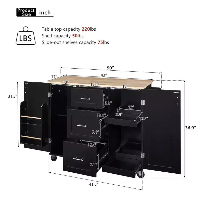 Okak Kitchen Island with Rubber Wood Top, Rolling Kitchen Island with 2 Slide-Out Shelf and Internal Storage Rack, Kitchen Cart with Spice Rack