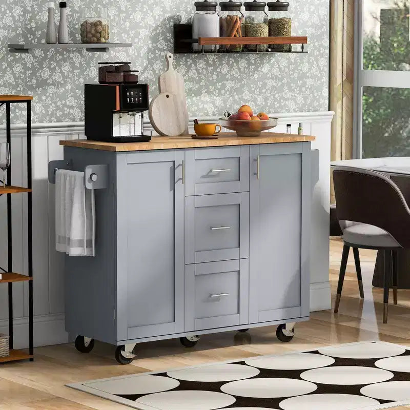 Okak Kitchen Island with Rubber Wood Top, Rolling Kitchen Island with 2 Slide-Out Shelf and Internal Storage Rack, Kitchen Cart with Spice Rack