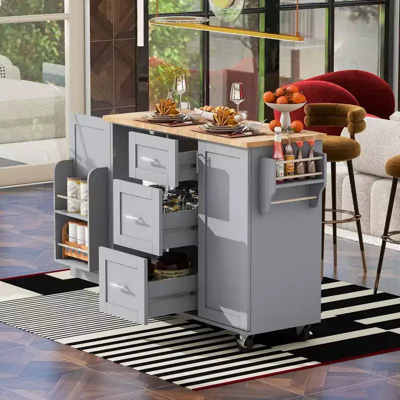 Okak Kitchen Island with Rubber Wood Top, Rolling Kitchen Island with 2 Slide-Out Shelf and Internal Storage Rack, Kitchen Cart with Spice Rack