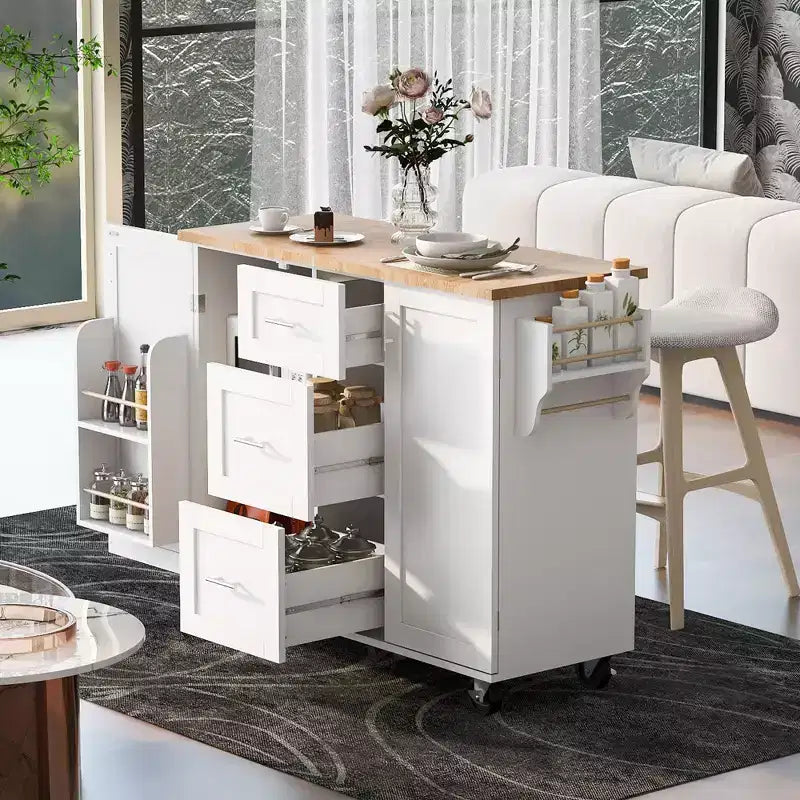 Okak Kitchen Island with Rubber Wood Top, Rolling Kitchen Island with 2 Slide-Out Shelf and Internal Storage Rack, Kitchen Cart with Spice Rack