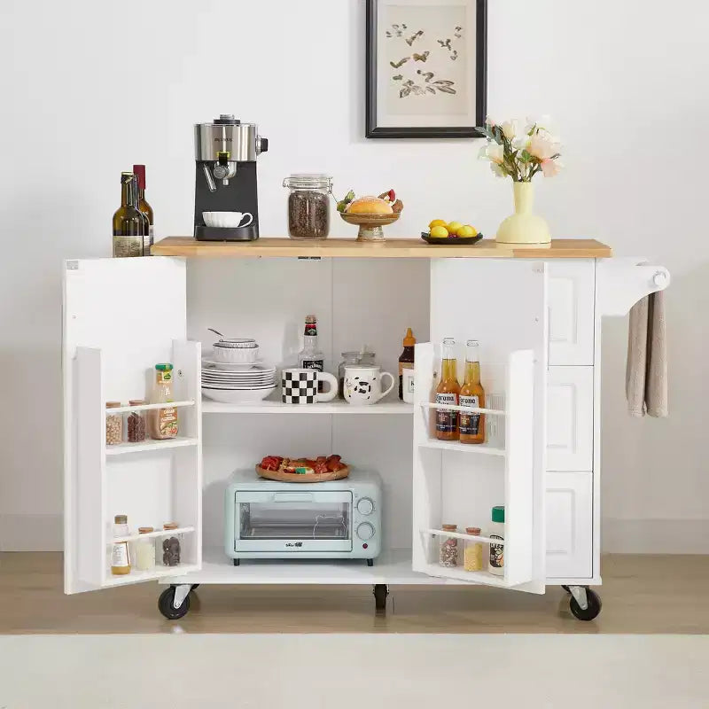 Okak Kitchen Island with Drop-Leaf Table, Kitchen Cart with 3 Drawers and 1 Shelf, Space-Saving Kitchen Island On Wheels for Dining Room