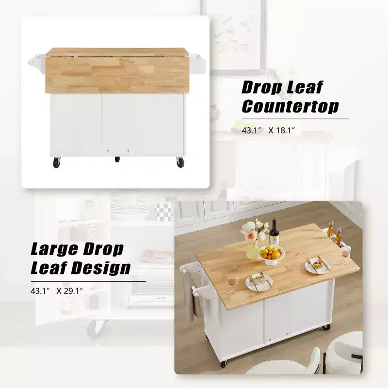 Okak Kitchen Island with Drop-Leaf Table, Kitchen Cart with 3 Drawers and 1 Shelf, Space-Saving Kitchen Island On Wheels for Dining Room